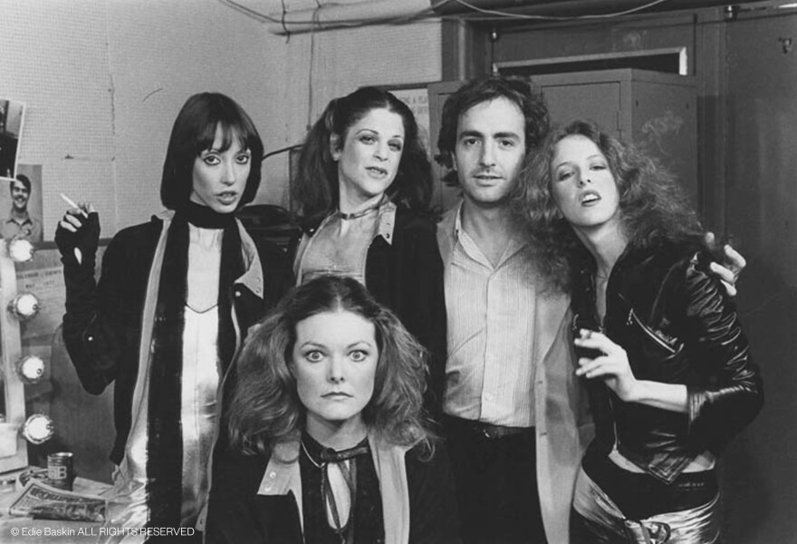 Guest Shelley Duvall, original SNL cast members Gilda Radner, Jane Curtin, Laraine Newman, and SNL producer Lorne Michaels.