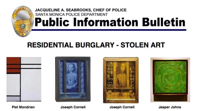 Fine art paintings by Piet Mondrian, Joseph Cornell and Jasper Johns are some of the items that police say were stolen from a Santa Monica home last week. 