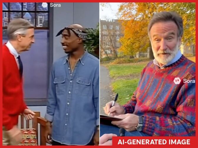 Side-by-wide images show Mr. Rogers talking to Tupac Shakur and on the right a bearded Robin Williams in a sweater in a park.