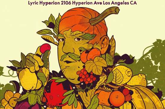 A digital poster for Guy Branum's standup show "Be Fruitful." It features an illustrated portrait of Branum made made up of different fruits, like a pumpkin for the top of his head, bananas for his shoulders, and more.