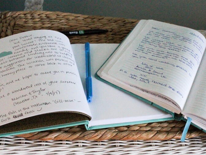 Debbie Pollack hosts many guests who leave friendly notes in her guest book at her home in Sherman Oaks, California on July 10, 2017.