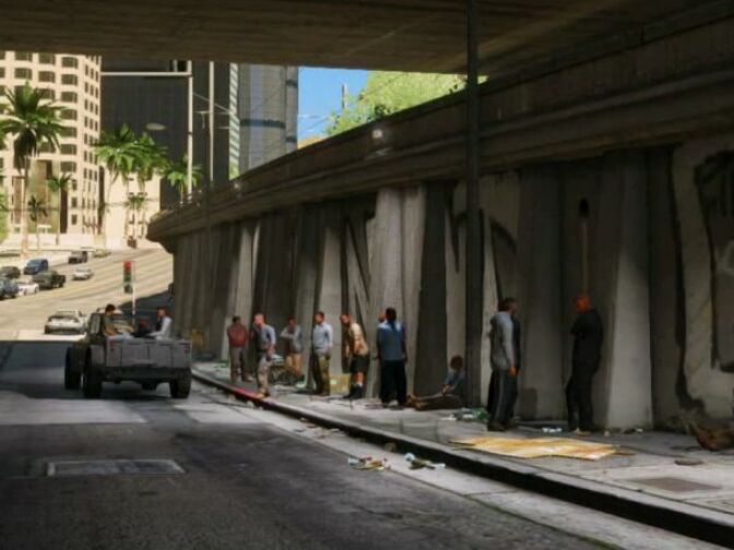 Screenshot of a Los Santos underpass from the Grand Theft Auto 5 trailer.