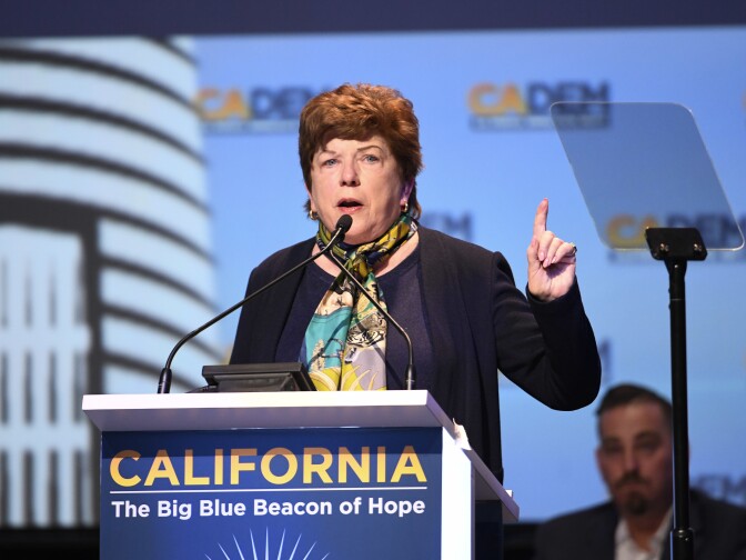 Democratic gubernatorial candidate Delaine Eastin speaks at the 2018 California Democrats State Convention Saturday, Feb. 24, 2018, in San Diego. (AP Photo/Denis Poroy)