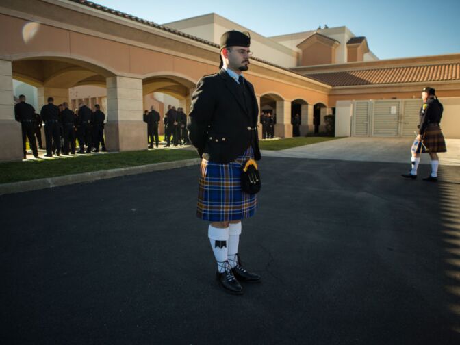 The university of California Riverside Pipe Band practices its formation before Michael Crain's funeral on February 13th, 2013.