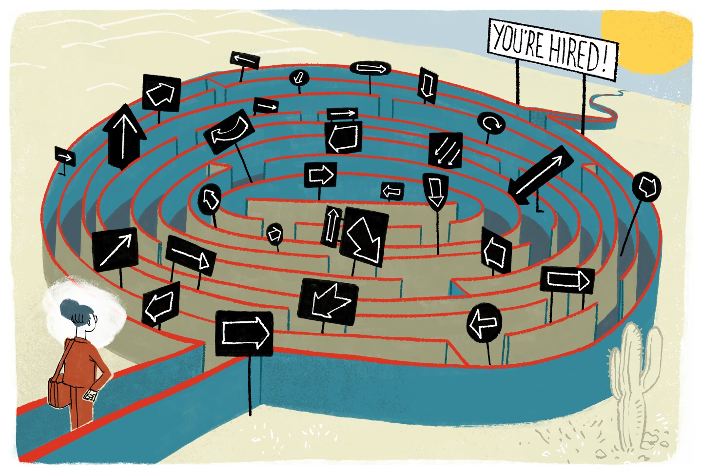 Illustration of a maze with a woman standing at the start looking out at lots of arrows pointing in different directions, and a "You're Hired!" sign at the exit.