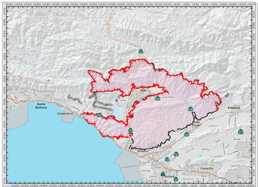 A map of the Thomas Fire's progression in Ventura and Santa Barbara counties, midday Sunday, Dec. 10, 2017.