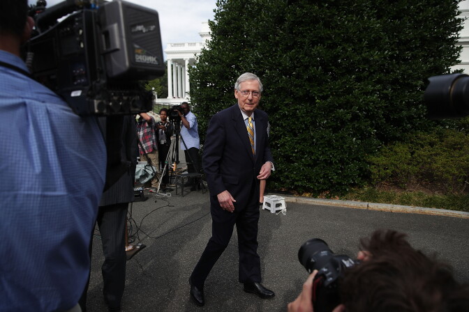 WASHINGTON, DC - JUNE 27:  U.S. Senate Majority Leader Sen. Mitch McConnell (R-KY) leaves after he spoke to members of the media outside the West Wing of the White House June 27, 2017 in Washington, DC. President Trump invited all GOP Senate members to the White House to discuss the healthcare bill.  (Photo by Alex Wong/Getty Images)