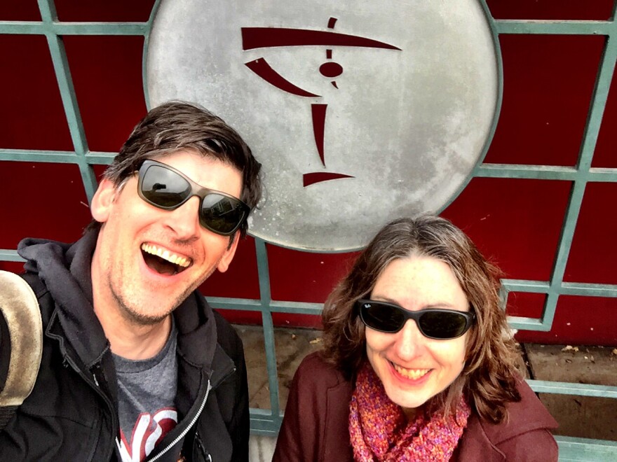 KPCC's John Rabe and crime writer Denise Hamilton outside the shuttered Formosa Cafe in West Hollywood.