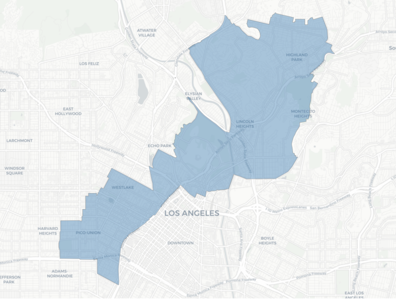 Draft map of Council District 13 where the district is lavendar-colored in an otherwise gray-scale map.