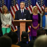 MYRTLE BEACH, SC - JANUARY 16:  Former Utah Gov. Jon Huntsman flanked by his family (L-R) daughters Liddy Huntsman, and Mary Anne Huntsman, wife Mary Kaye Huntsman, daughters Abby Huntsman, and Gracie Mei Huntsman, announces that he is ending his run for the Republican presidential nomination during a press conference at the Myrtle Beach Convention Center on January 16, 2012 in Myrtle Beach, South Carolina. Gov. Huntsman said that he now endorses former Massachusetts Gov. Mitt Romney for the Republican nomination.  (Photo by Mark Wilson/Getty Images)