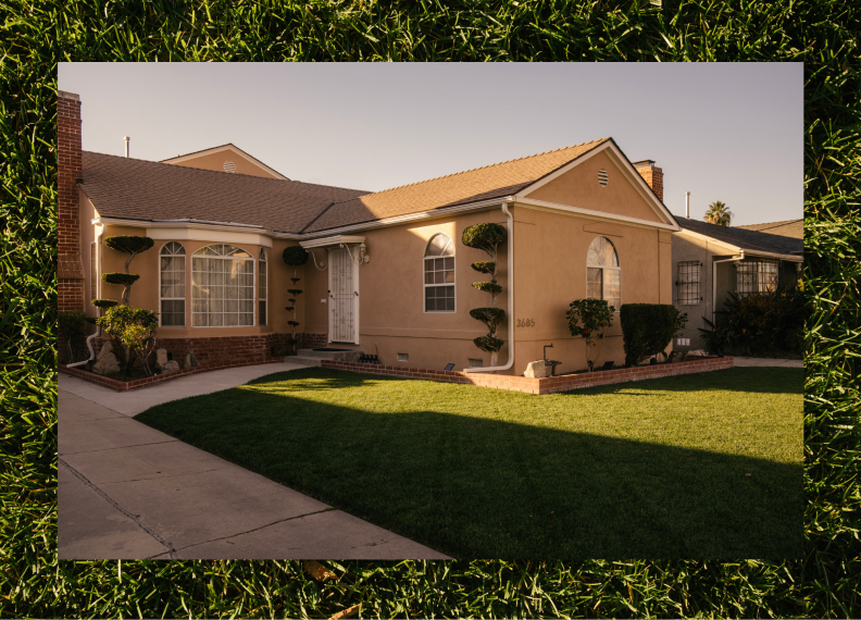 A beige house with a large green lawn in the front yard, a patch of it is lit by the sun while the rest of the lawn is in the shadow. The photo is framed by a close up of grass.
