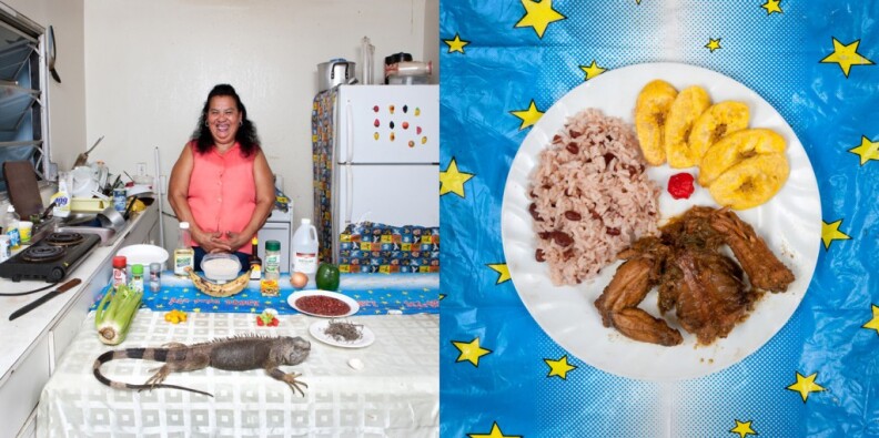 Maria Luz Fedric, 53, from the Cayman Islands serving Honduran iguana with rice and beans.