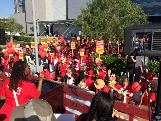 Nurses picket as part of a strike against Kaiser Permanente's Los Angeles Medical Center on Tuesday, March 15, 2016.
