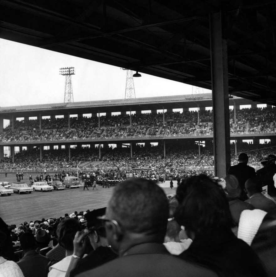 A crowd of more than 35,000 jammed Wrigley Field for a freedom rally on May 26, 1963, at which Dr. Martin Luther King, Jr. told the audience, "We want to be free whether we're in Birmingham or in Los Angeles." 