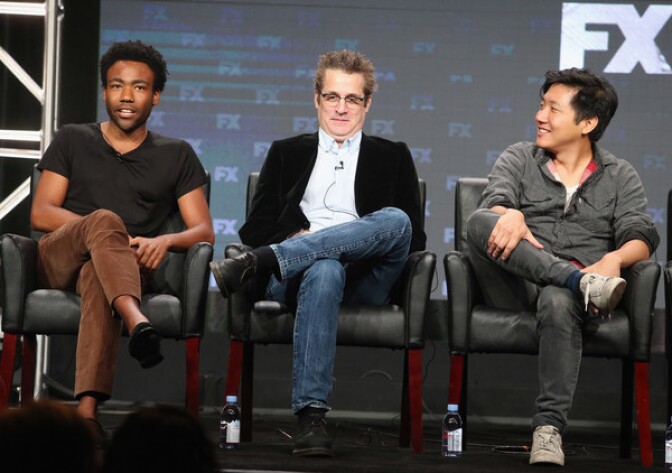 (L-R) "Atlanta" creator and star Donald Glover, executive producer Paul Simms and director Hiro Murai.