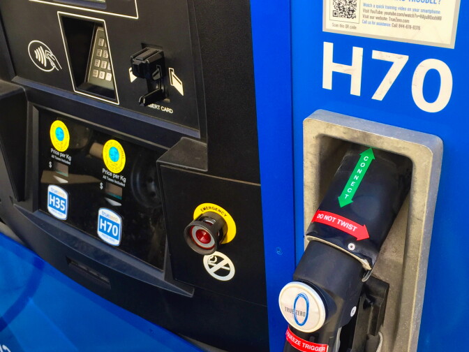 The hydrogen fueling pump in South Pasadena is labeled with instructions on exactly how to use it. KPCC host John Rabe said it was easy to follow along.