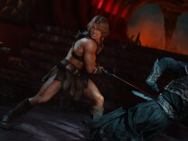 Man in leather gladiator outfit, wielding a long axe, fights a dark skeleton type creature. 