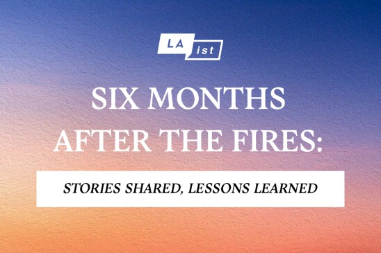 Promotional graphic on a gradient blue to peach background. Text in white is overlayed that reads “Six Months After The Fires: Stories Shared, Lessons Learned” On top of the image there’s a white LAist logo. 
