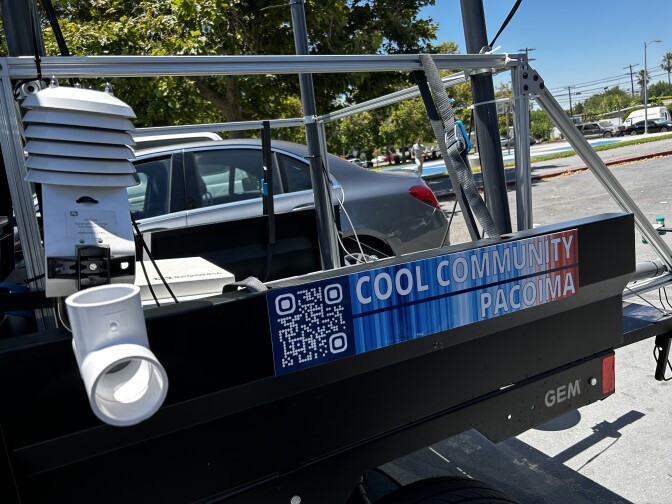 Three images of a modified white golf cart with measuring devices affixed to the back. 
