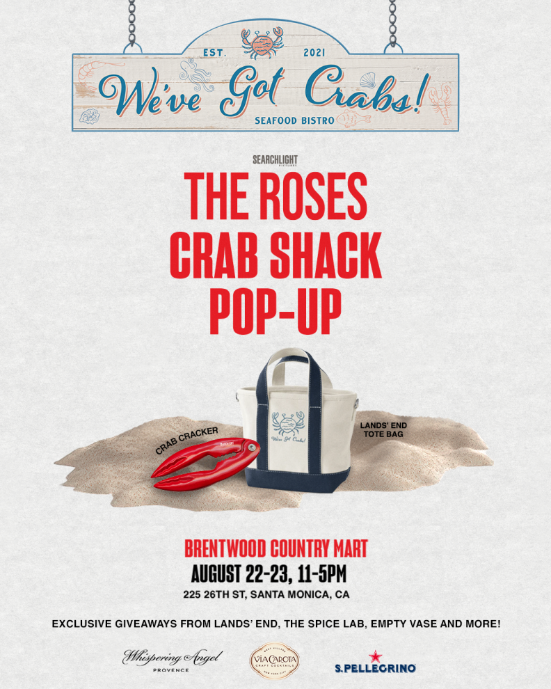 Poster for The Roses Crab Shack Pop-Up at Brentwood Country Mart. It's bold and beachy, with playful fonts, seafood motifs, and warm tones.