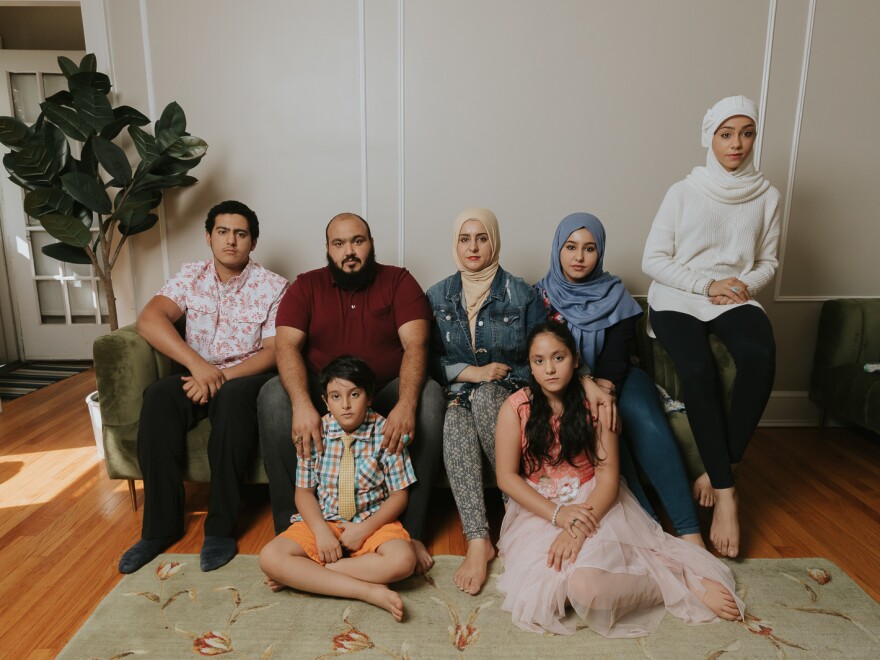 Left to Right: Naji, Ibrahim, Ahmed, Adeebah, Rahaf, Ammal and Hala Aldabaan in their Connecticut home.