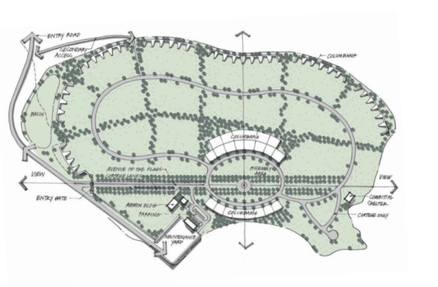 A green, gray and white map showing the veterans cemetery planned in Anaheim.
