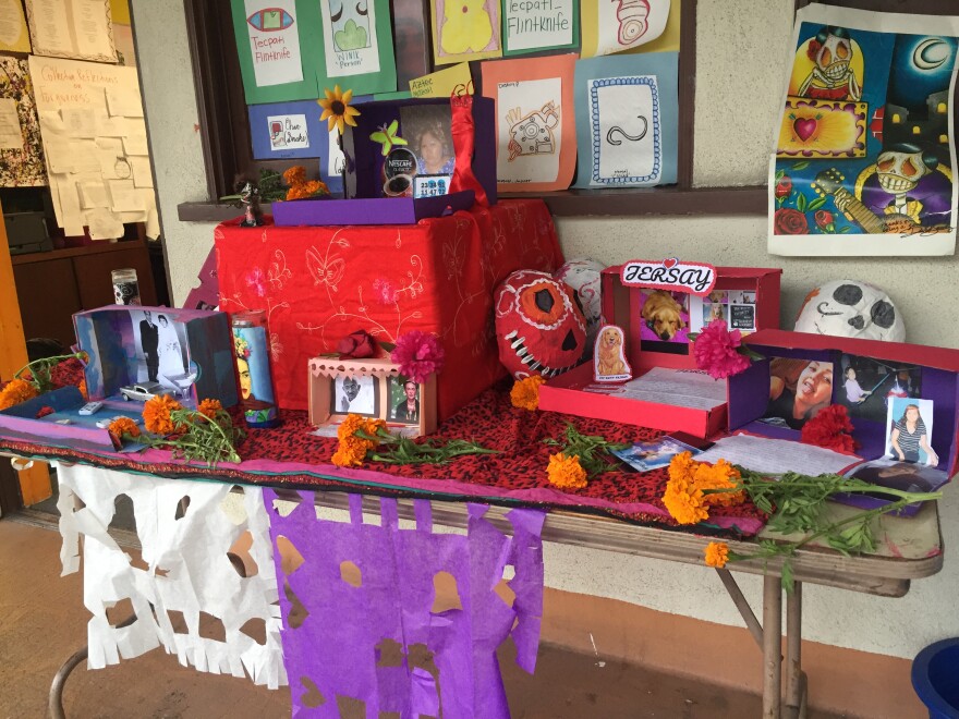 The students' altars are on display outside of Learsi Martinez's art and english classroom at the YouthBuild Charter and San Gabriel Valley Conservation Corps campus in El Monte.