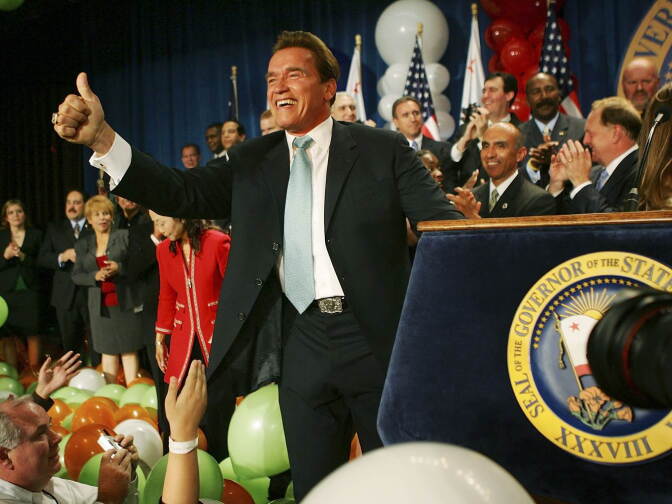 California Gov. Arnold Schwarzenegger celebrates his victory over Democrat Treasurer Phil Angelides on Election Night in Los Angeles, California on November 7, 2006.
. 
