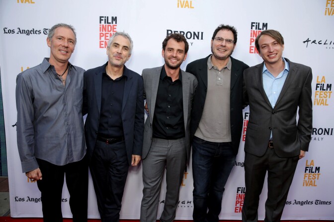 Producer Alex Garcia, Producer Alfonso Cuaron, Director/Writer/Producer Jonas Cuaron, Producer Carlos Cuaron and Executive Producer Nicolas Celis seen at STX Entertainment's Premiere of "Desierto" at 2016 LA Film Festival Closing Night on Thursday, June 9, 2016, in Culver City, Calif. (Photo by Eric Charbonneau/Invision for STX Entertainment/AP Images)