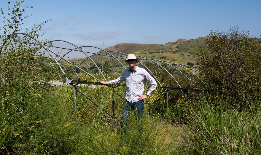 A man next to a metal structure and vegetation all around.