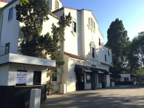 A sign outside the Wadsworth Theater on the VA's West Los Angeles Campus announces a town hall meeting introducing the long-awaited "Master Plan" process to the public.