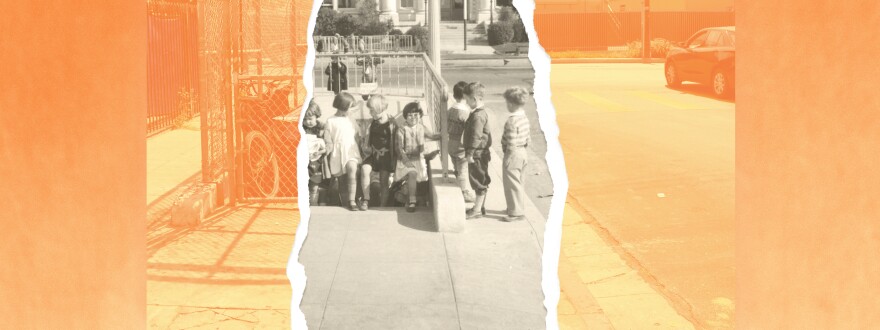 A composite image shows a fenced off pedestrian tunnel on the left and a car rolling through a crosswalk on the right, with the center of the image replaced by a black and white 1928 photo of children climbing the steps of the tunnel, set at the same angle as the newer photo.