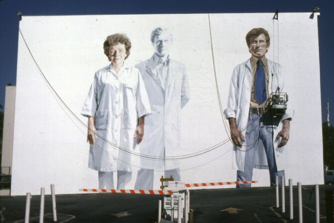 Muralist Kent Twitchell working on "Holy Trinity with the Virgin" on Wilshire Blvd in 1978.