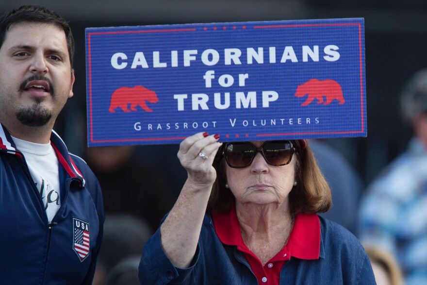 A supporter of Republican presidential candidate Donald Trump holds a sign during his campaign rally at the Orange County Fair and Event Center, April 28, 2016, in Costa Mesa, California. 
