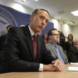 Brice Harris responds to a question during a news conference where he was announced as the new chancellor of the California Community Colleges system, Thursday, Sept. 27, 2012,  in Sacramento, Calif.  Harris, who has spent nearly 16 years as chancellor of the Los Rios Community College District, replaces Jack Scott, who retired this month after more than three and a half years in the position.