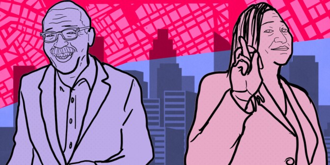  An illustration shows Herb Wesson (left) and Holly Mitchell (right) with the L.A. skyline behind them.