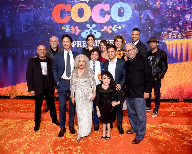 (L-R) Actors Herbert Siguenza, John Ratzenberger, Benjamin Bratt, Renee Victor, Natalia Cordova-Buckley, Anthony Gonzalez, Alanna Ubach, Gael Garcia Bernal, Selene Luna, Blanca Araceli, Edward James Olmos, Jaime Camil, and Lombardo Boyar at the premiere of Disney Pixar's "Coco."  