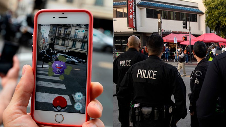 Two panels. On the left, a smartphone screen shows a purple circular Pokémon creature emitting gas on a crosswalk. On the right, four LAPD police officers stand in the street with their backs turned.