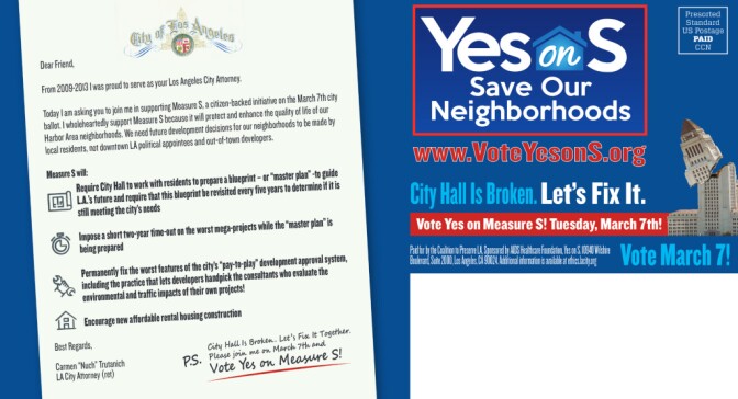 The LA City Attorney's Office has told Measure S campaigners to stop using a copy of the city seal on its mailers. 