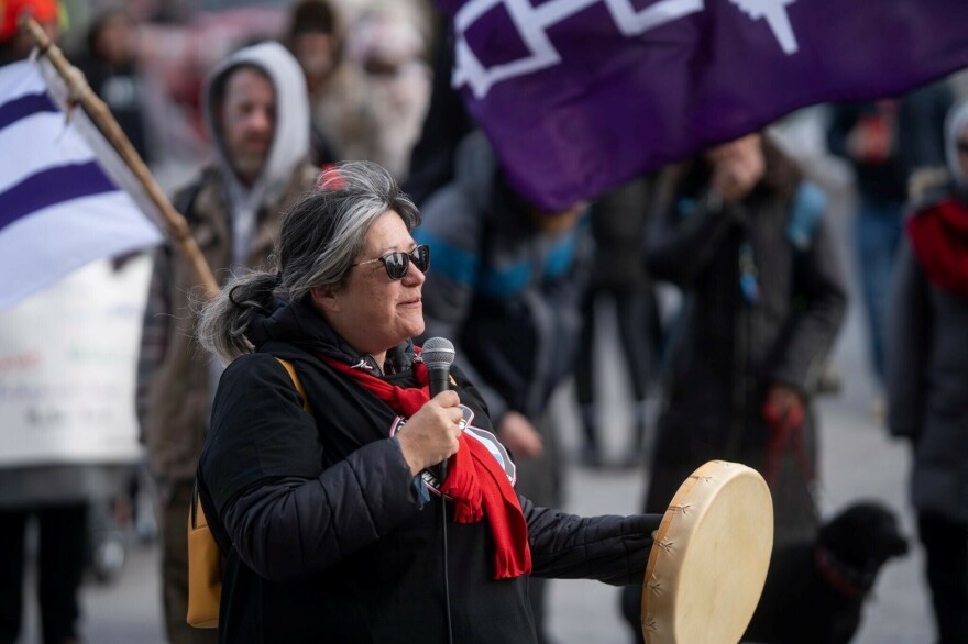 Patty Krawec at a Wet'suwet'en solidarity event at the Canada-U.S. border.