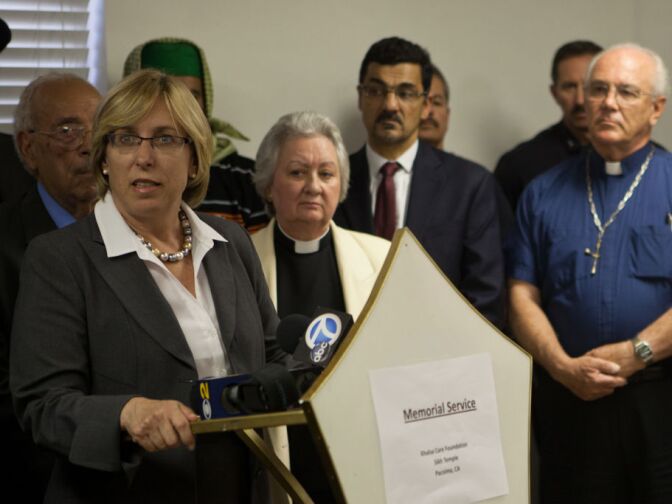 Los Angeles City Controller Wendy Greuel speaks at a press conference flanked by interfaith leaders at the Khalsa Care Foundation on Monday, August 6.