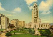 Vintage postcard in color depicting the State Building, Hall of Records, Hall of Justice, and City Hall in the Civic Center.