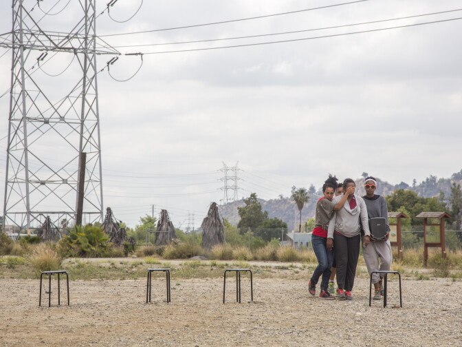 Taisha Paggett's WXPT dance group rehearses 'Evereachmore' along the banks of the L.A. River as part of Clockshop's Bowtie Project. 
