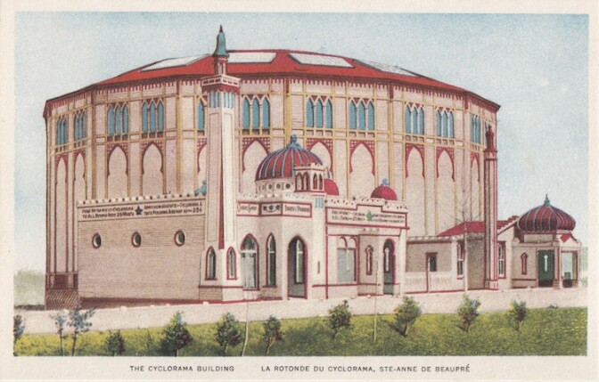 A vintage postcard of a circular building in Quebec, The Cyclorama Building, decorated with arches in red. 