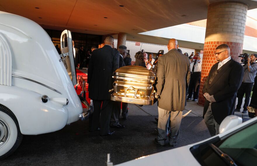 The casket containing the remains of soul music icon Aretha Franklin is carried into Greater Grace Temple for the singer's funeral on August 31, 2018 in Detroit, Michigan. 