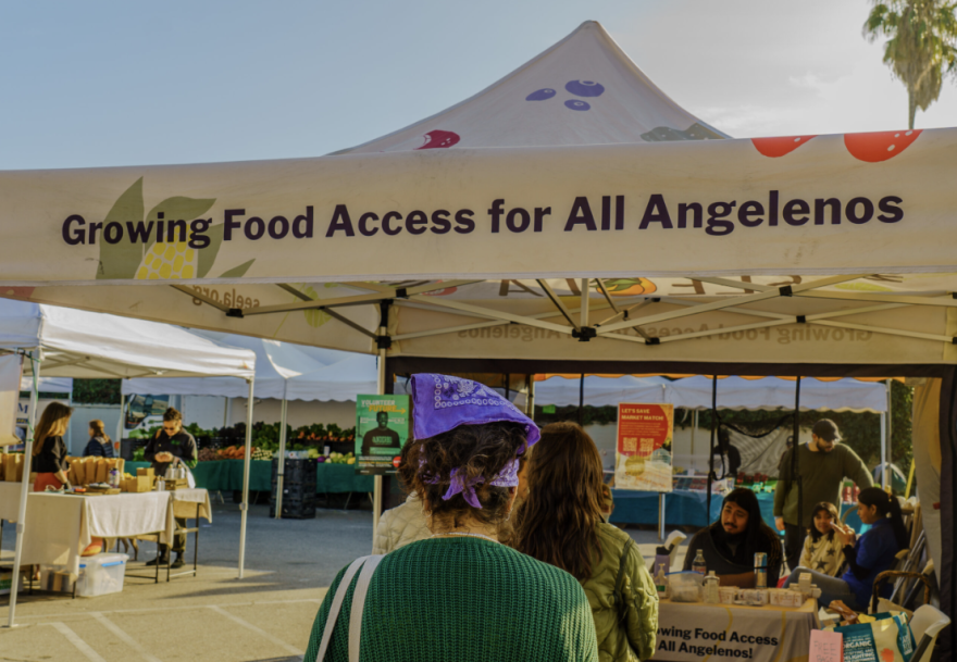 The backs of peoples' heads can be seen as they stand in a line leading to a area covered by a white tent-like structure. The words "Growing Food Access for All Angelenos" are in black across the top of the tent.
