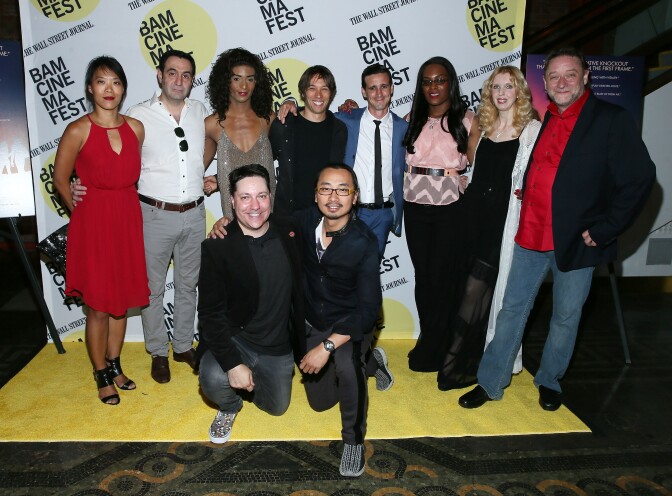 NEW YORK, NY - JUNE 28:  (L-R, Back row) Producer Shih-Ching Tsou, actor Karren Karagulian, actor Kitana Kiki Rodriguez, director Sean Baker, actor James Ransome, actor Mya Taylor, actor Mickey O'Hagen, producer Darren Dean, (Front Row L-R) screenwriter Chris Bergoch and director of Photography Radium Cheung attend the "Tangerine" Closing Night premiere at BAMcinemaFest 2015 at BAM Peter Jay Sharp Building on June 28, 2015 in New York City.  (Photo by Jemal Countess/Getty Images)