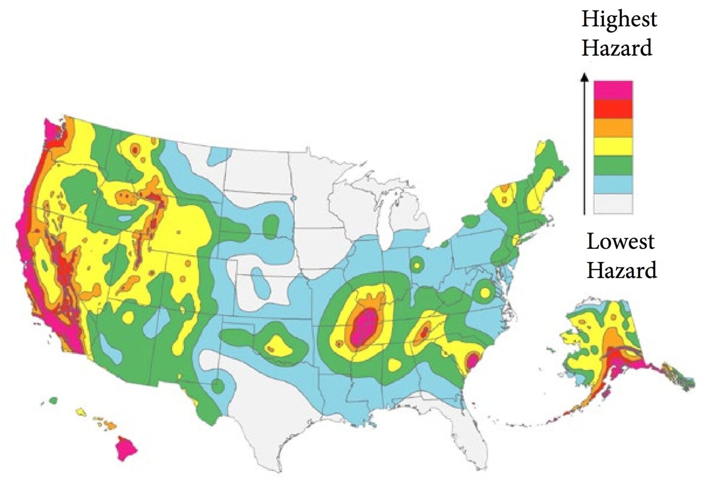 Map of U.S. shows highest quake hazard zones, with hot pink the most hazardous and gray the least. Highest concentration of pink is on West Coast, in Alaska and along the Mississipi river south of Illinois.