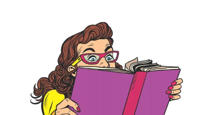 AN illustration of a 20- or 30-something white woman reading a book with an excited look on her face. She wears glasses and has a somewhat retro hairstyle. 