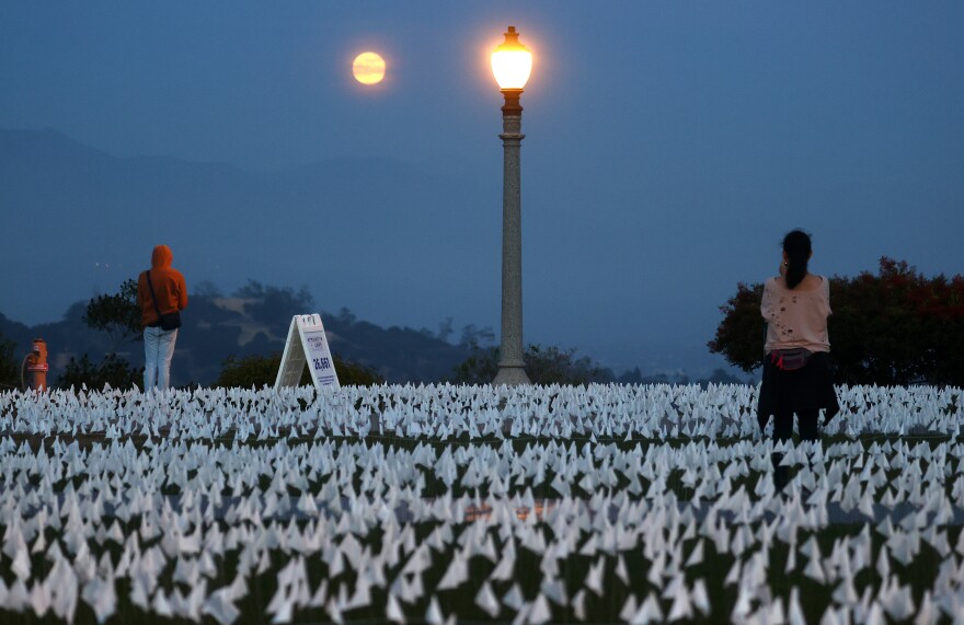 Small white flags cover the ground. Two people stand with their backs to the camera. A street light shines next to a full moon.